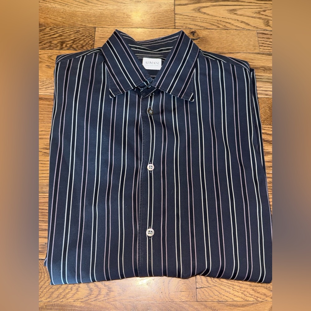 Armani Collezioni. Cotton Blend Striped Button Down. Gray/Black/White/Purple. XL